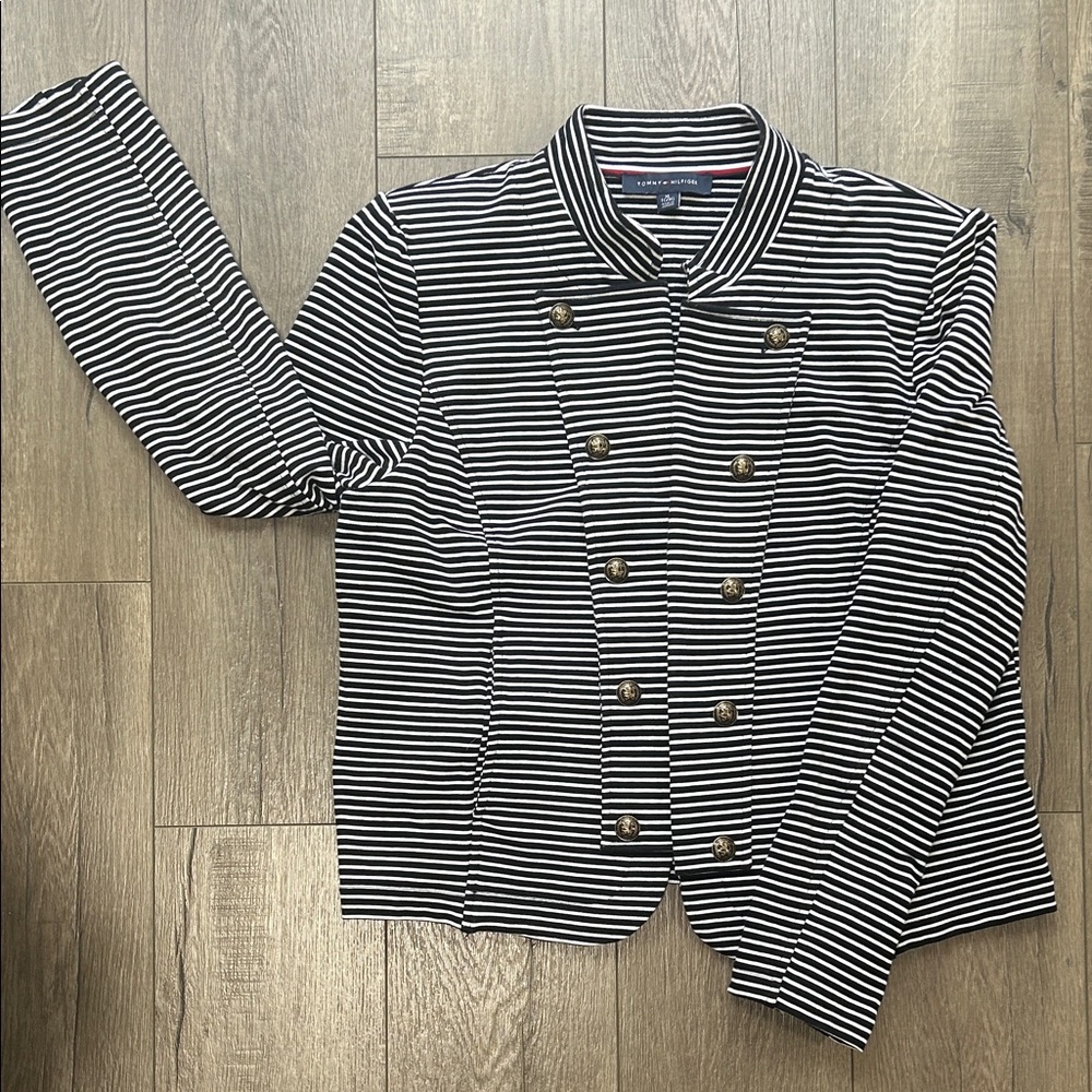 Tommy Hilfiger Black and White Striped Travel Blazer W XL